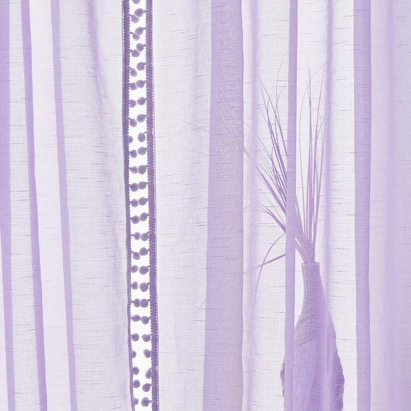 Treatmentex Pom-Pom Sheer Curtains for Kid's Room, 63" Linen Textured Volie Window Curtain Panels Lilac 52" w 1 Pair - Image 4
